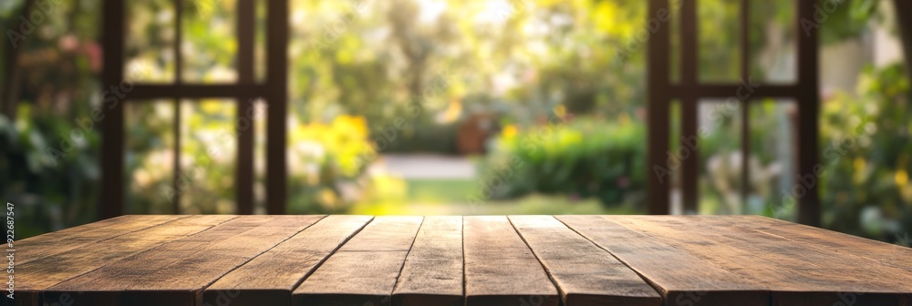 Naklejka premium A serene empty wooden table top set against a blurred green garden backdrop, ideal for product display and showcasing items attractively