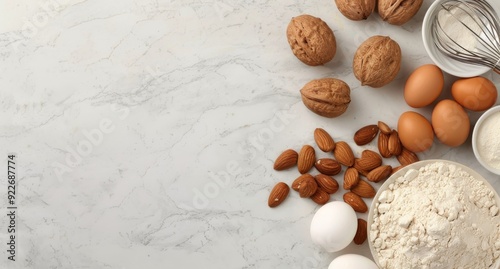 Cooking Ingredients on Marble Counter for Baking Eggs and Almonds in a Cozy K...