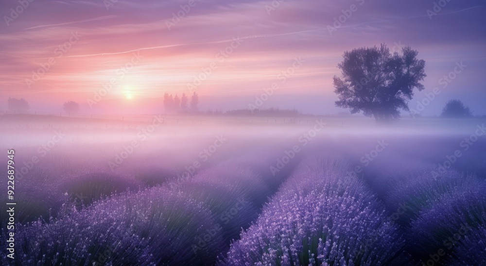 Lavender Field at Sunrise With Soft Fog and Gentle Light Lavender Field at Sunrise With Soft Fog and Gentle Light