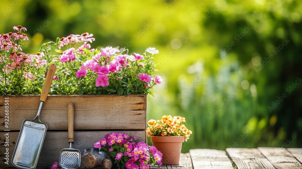 Summertime gardening and planting concept: wooden box, garden tools, and potted flowers Summertime gardening and planting concept: wooden box, garden tools, and potted flowers