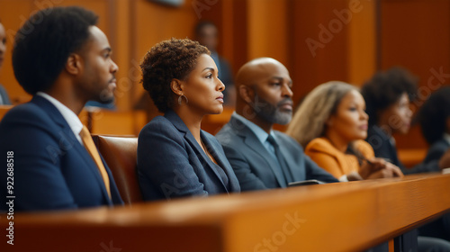 Diverse group of jury listening to lawyers at trial, social justice concept, copy space