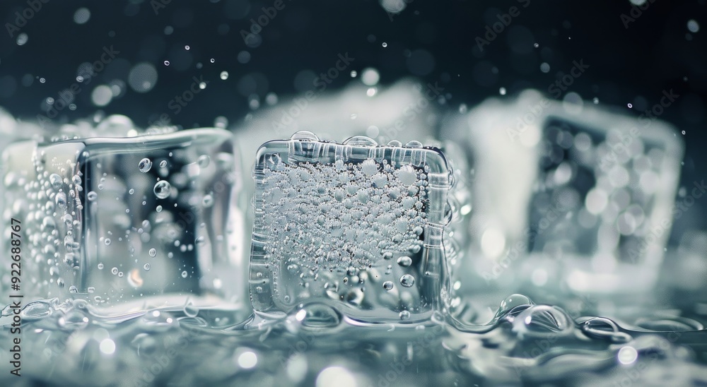 Ice Cubes Forming Bubbles in Water on a Dark Background
