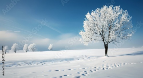 Snow-Covered Landscape With Frosty Trees and Footprints During Winter Morning