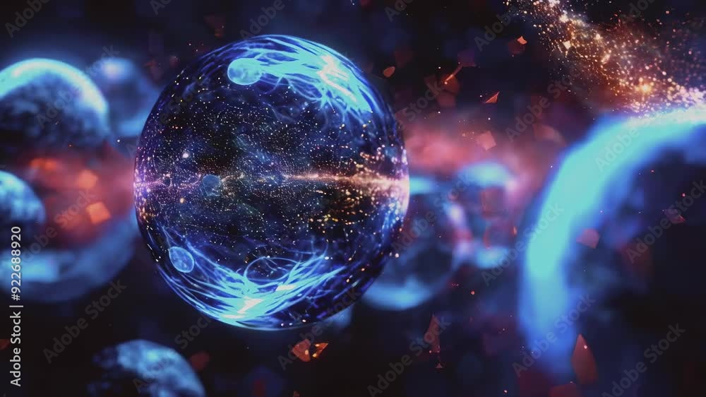 Glowing blue spheres float in an abstract space environment. The scene has a futuristic feel with vibrant blue and purple hues, suggesting a sci-fi or otherworldly theme. The background features soft Glowing blue spheres float in an abstract space environment. The scene has a futuristic feel with vibrant blue and purple hues, suggesting a sci-fi or otherworldly theme. The background features soft