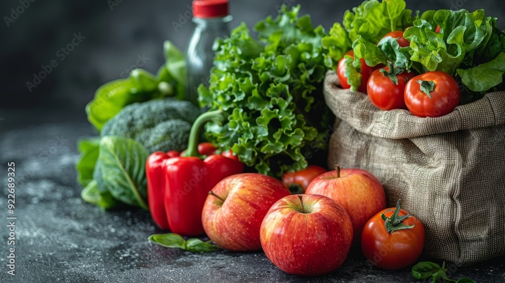 Fresh Organic Vegetables and Fruits in Burlap Bag on Rustic Table Fresh Organic Vegetables and Fruits in Burlap Bag on Rustic Table