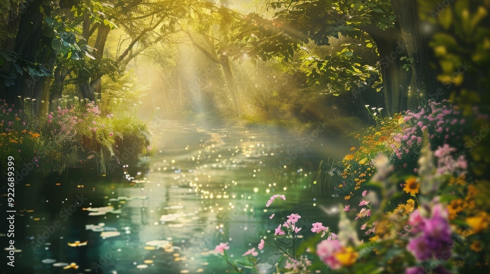 Enchanted Forest River at Sunrise with Blooming Flowers