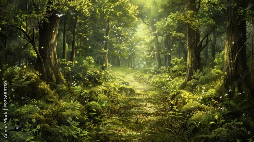 Fototapeta premium Enchanted Forest Path with Sunbeams and Lush Greenery