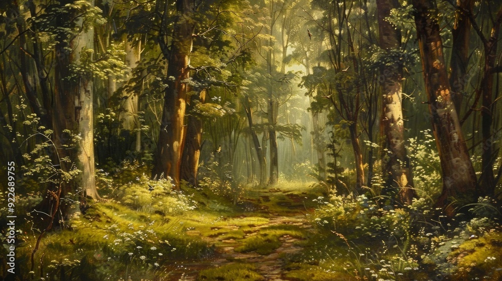 Obraz premium Enchanted Forest Path with Sunlight Filtering through Trees