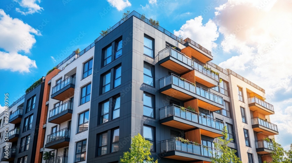 contemporary apartment buildings under a clear blue sky on a sunny day. facade of a contemporary apartment complex. Outside of a modern residential building during the day