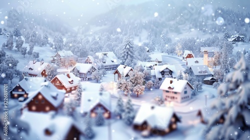 Snowy festive village with cozy houses and decorated roofs under twinkling lights.... photo