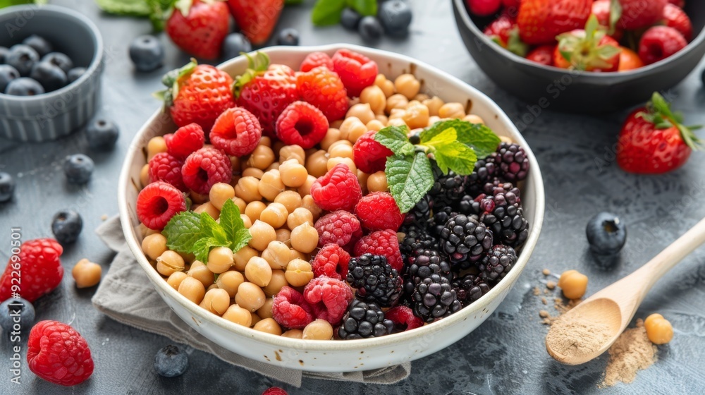 Fresh Berry and Chickpea Salad Bowl on Textured Background. Triple Berry Chickpea Crunch Salad Fresh Berry and Chickpea Salad Bowl on Textured Background. Triple Berry Chickpea Crunch Salad