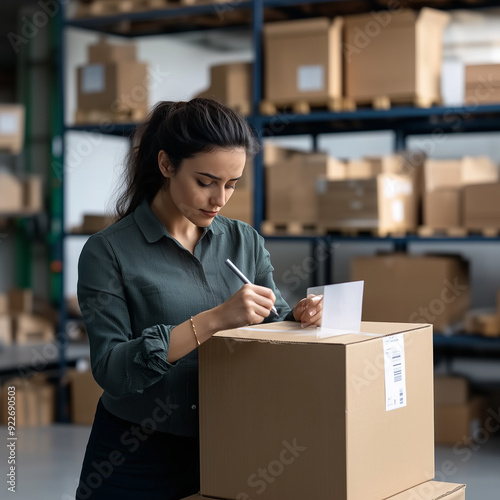 a young woman in a warehouse setting, carefully labeling or writing on a cardboard box, businesswoman, small business owner holding pen writing addressee details on cardboard box