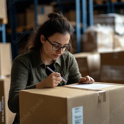 a young woman in a warehouse setting, carefully labeling or writing on a cardboard box, businesswoman, small business owner holding pen writing addressee details on cardboard box