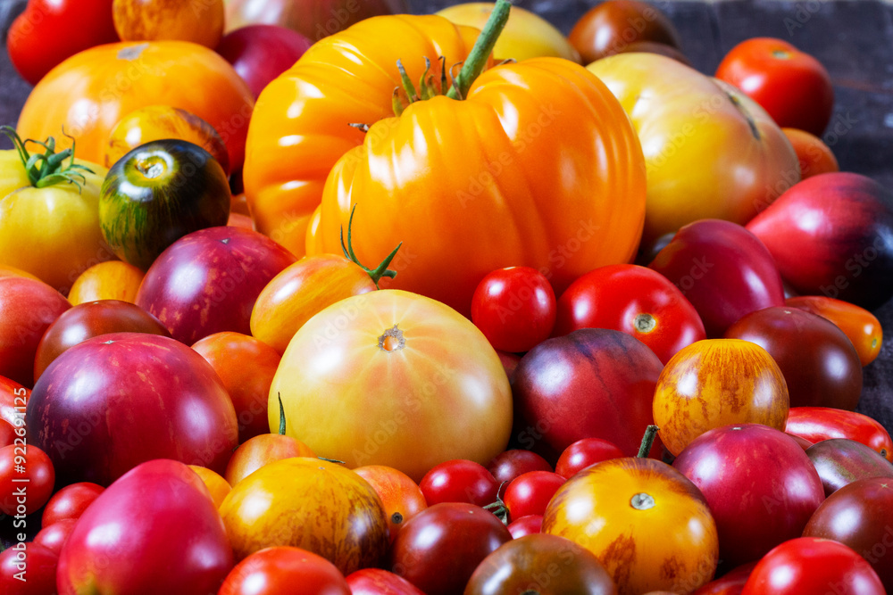 Tomatoes of various varieties and sizes on an iron tray on a wooden table.