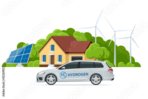 Isometric Hydrogen energy car. Alternative energy and zero emission. Hydrogen powered transportation. Green energy