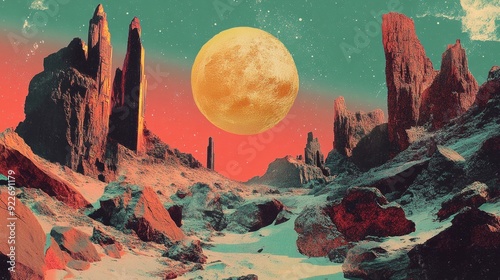 Surreal Alien Landscape with Giant Moon and Rocky Terrain photo