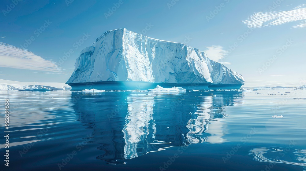 A large iceberg floats in a calm, blue sea. The iceberg is reflected in the water, creating a stunning visual. A large iceberg floats in a calm, blue sea. The iceberg is reflected in the water, creating a stunning visual.