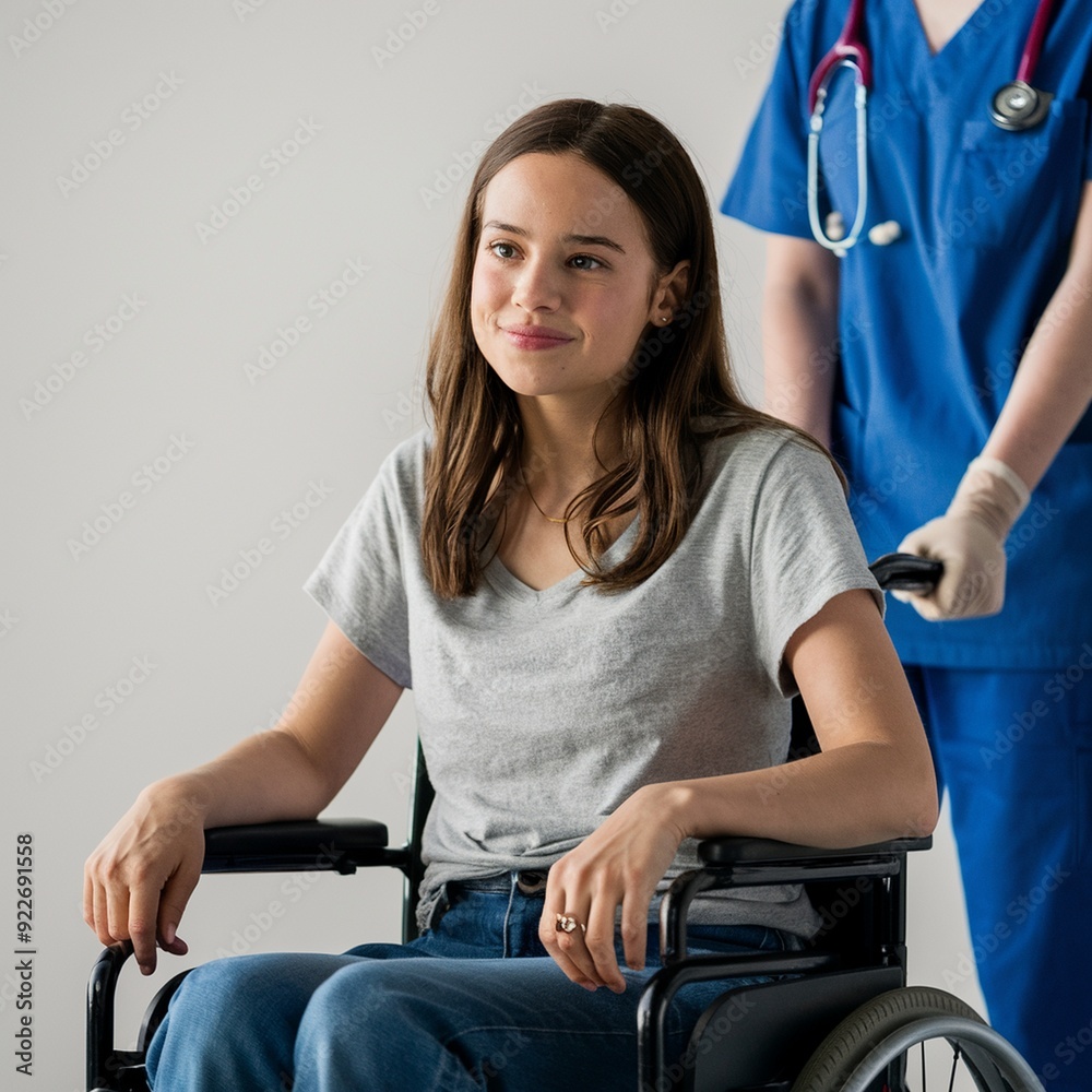 Compassionate Care: A Young Girl in a Wheelchair and Her Doctor's Support, Pediatric Care: A Young Girl in a Wheelchair with a Doctor's Guidance, Inclusive Healthcare Compassionate Care: A Young Girl in a Wheelchair and Her Doctor's Support, Pediatric Care: A Young Girl in a Wheelchair with a Doctor's Guidance, Inclusive Healthcare