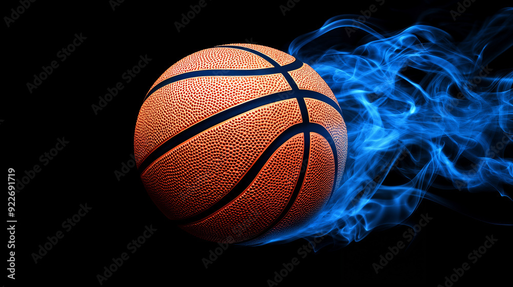 Fototapeta premium A basketball with blue flames, isolated on a black background. 3D rendering, copy space concept. 