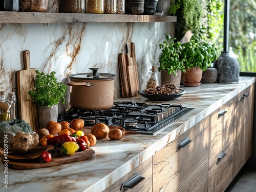 Modern Kitchen with Damaged Countertop After Accident with Hot Pot and Plate on Stove – Daylight Photography Featuring Neutral Colors

 photo
