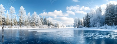 The surface of the frozen lake is covered with ice, forest