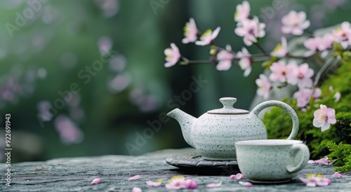 Delicate Tea Set With Teapot and Cups on Wooden Table Surrounded by Orchids