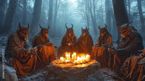 Mysterious nighttime gathering of hooded, horned figures in an ancient, fog-covered forest, encircling a candlelit ritual fire, symbolizing deep-rooted pagan traditions, mystical ceremonies photo