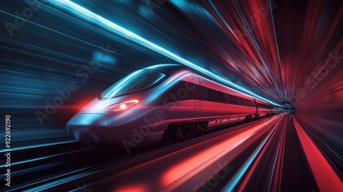 High-Speed Train Traveling Through Neon-Lit Tunnel