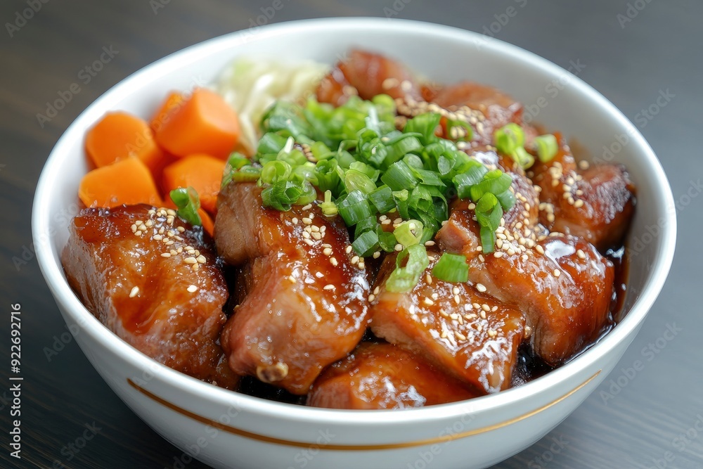 Taiwanese traditional food pork knuckle in a white bowl with golden line for Chinese Lunar New Year meal - generative ai Taiwanese traditional food pork knuckle in a white bowl with golden line for Chinese Lunar New Year meal - generative ai