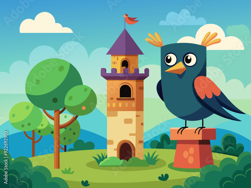 Mignon Oiseau Tour Choucas Chough Ensemble Corbeau Vecteur Dessin Animé 
