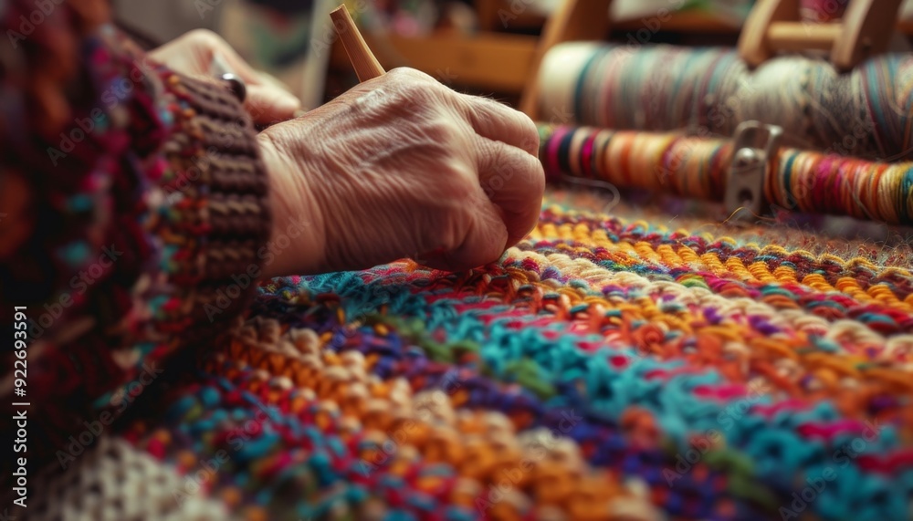 Traditional Weaving Handcraft Close-up with Colorful Textile Threads Traditional Weaving Handcraft Close-up with Colorful Textile Threads