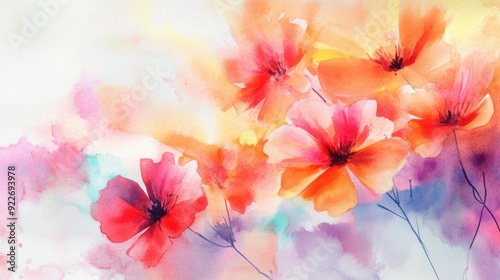 A vibrant watercolor art featuring blooming flowers in shades of red, orange, and pink against a multicolored background.