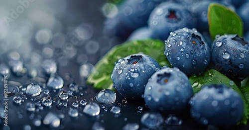 Fresh Blueberries With Water Droplets on Dark Background