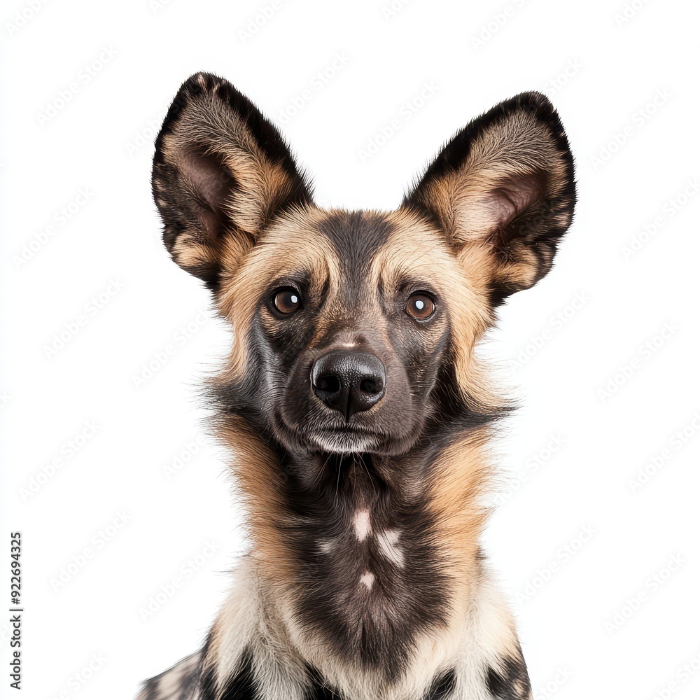 African wild dog portrait against a white background showcasing its unique features