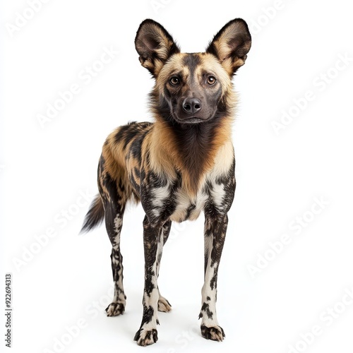 African wild dog standing proudly against a white background