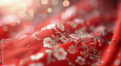 Elegant Embroidery on Red Fabric With Delicate Floral Design and Soft Backgro...