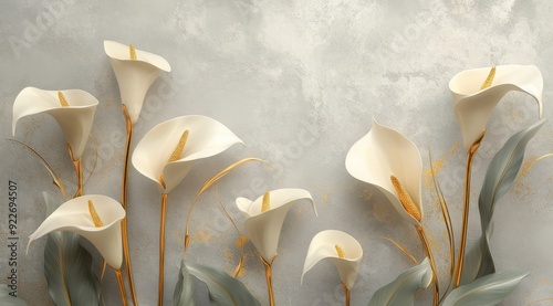 This stunning 3D artwork features elegant golden calla lilies layered against a textured background, perfect for enhancing floralthemed decor in any living space, adding sophistication and charm photo