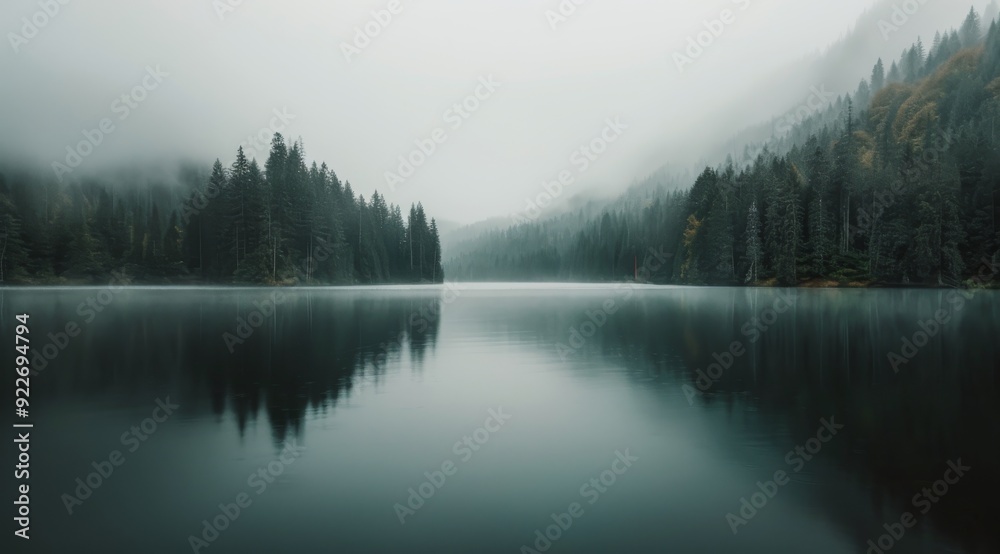 Obraz premium Misty Morning Reflections Over Tranquil Lake Surrounded By Pine Forest In Autumn