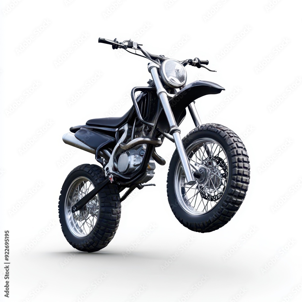 Stunt motorcycle performing a trick in an isolated scene on a white background Stunt motorcycle performing a trick in an isolated scene on a white background
