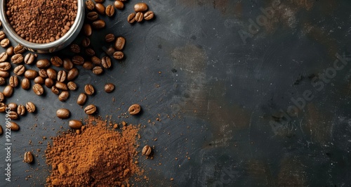 Freshly Roasted Coffee Beans And Grounds On Dark Stone Surface
