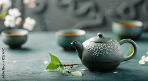 Ceramic Teapot Surrounded by Delicate White Flowers in a Serene Garden Setting
