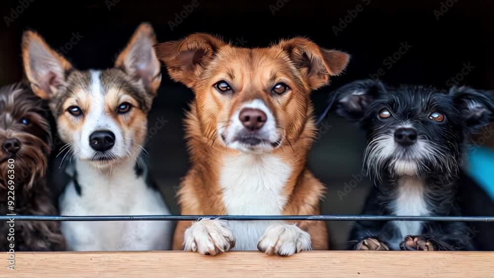 Group of four different dogs looking out from behind bars in a kennel on a neutral background. Concept of animal shelter and adoption Group of four different dogs looking out from behind bars in a kennel on a neutral background. Concept of animal shelter and adoption