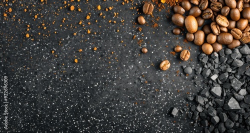 Coffee Beans and Spices on a Dark Surface With Textured Background