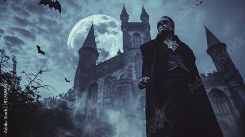 A vampire on the background of an old castle and the moon photo