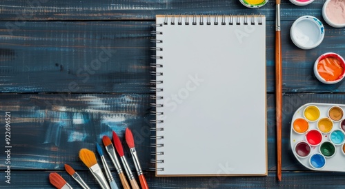 Blank Sketchbook and Paints On Wooden Table in Natural Light