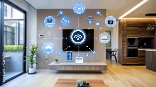 A modern smart home living room featuring integrated Wi-Fi control for various devices, including TV, security, lighting, and appliances, showcased through an interactive central hub