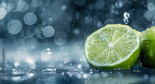 Fresh Lime Halves With Dew Drops On A Blue Background In Soft Focus