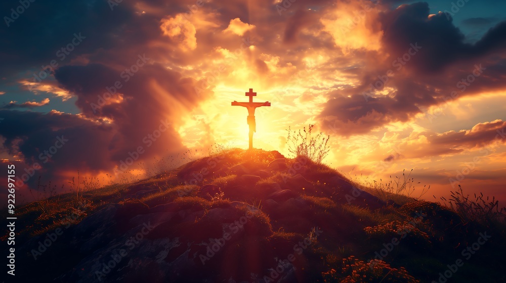 Man with Outstretched Arms on Mountain Peak at Sunrise Man with Outstretched Arms on Mountain Peak at Sunrise