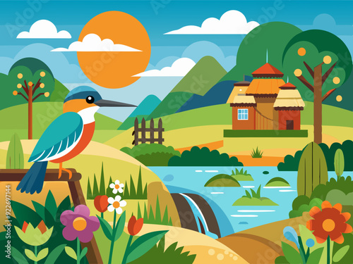 Scène de campagne avec kingfisher 