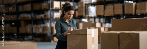 a young woman in a warehouse setting, carefully labeling or writing on a cardboard box, businesswoman, small business owner holding pen writing addressee details on cardboard box